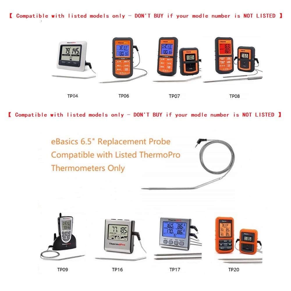 Grilling BBQ Meat Thermometer Temperature Probe Replacement Thermometer Probe Compatible with Thermopro TP20 TP07 TP-07 TP08 TP-08S TP06S TP16 TP-16S TP17 Famili MT004, Fit Listed Models Only