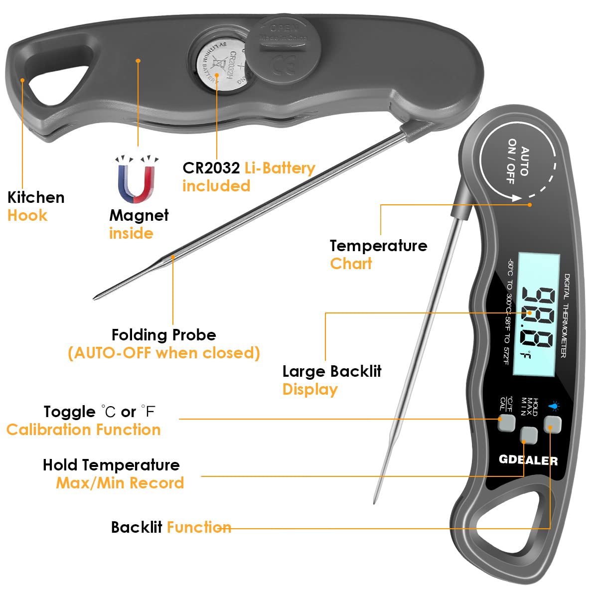 GDEALER Meat Thermometer Digital Instant Read Thermometer Ultra-Fast Cooking Food Thermometer with 4.6” Folding Probe Calibration Function for Kitchen Milk Candy, BBQ Grill, Smokers (Grey)