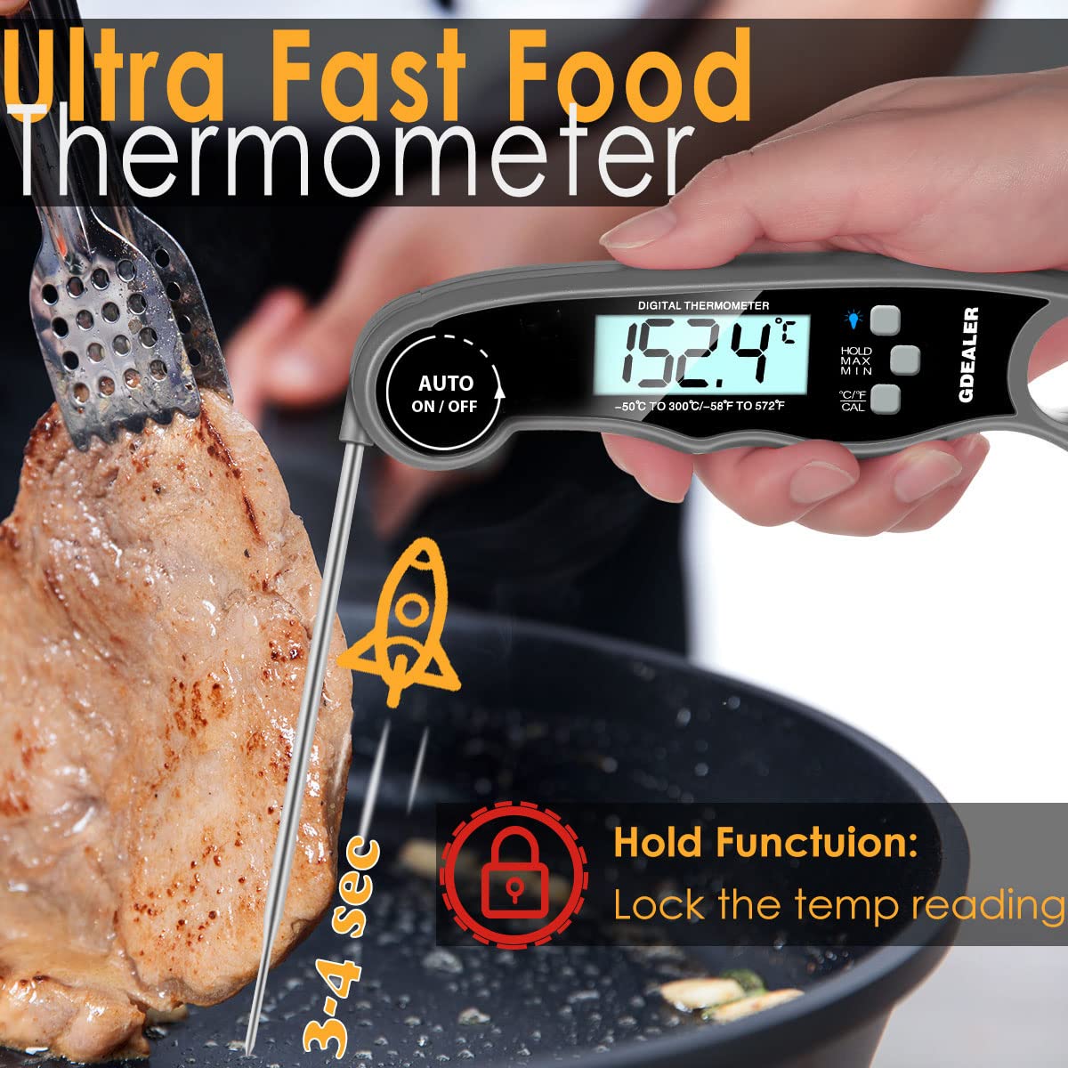 GDEALER Meat Thermometer Digital Instant Read Thermometer Ultra-Fast Cooking Food Thermometer with 4.6” Folding Probe Calibration Function for Kitchen Milk Candy, BBQ Grill, Smokers (Grey)