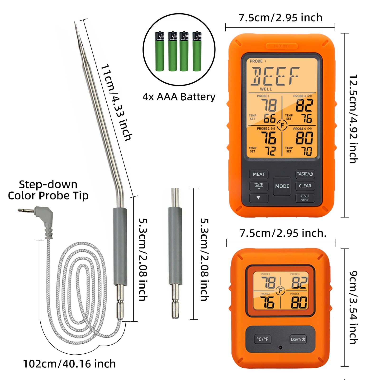 Wireless Meat Thermometer with 4 Meat Probes Remote Cooking Food Thermometer with Alarm Calibration & Timer 500FT Digital Cordless Thermometer for Kitchen Outdoor BBQ Smoker Oven Grill Fryer Beef