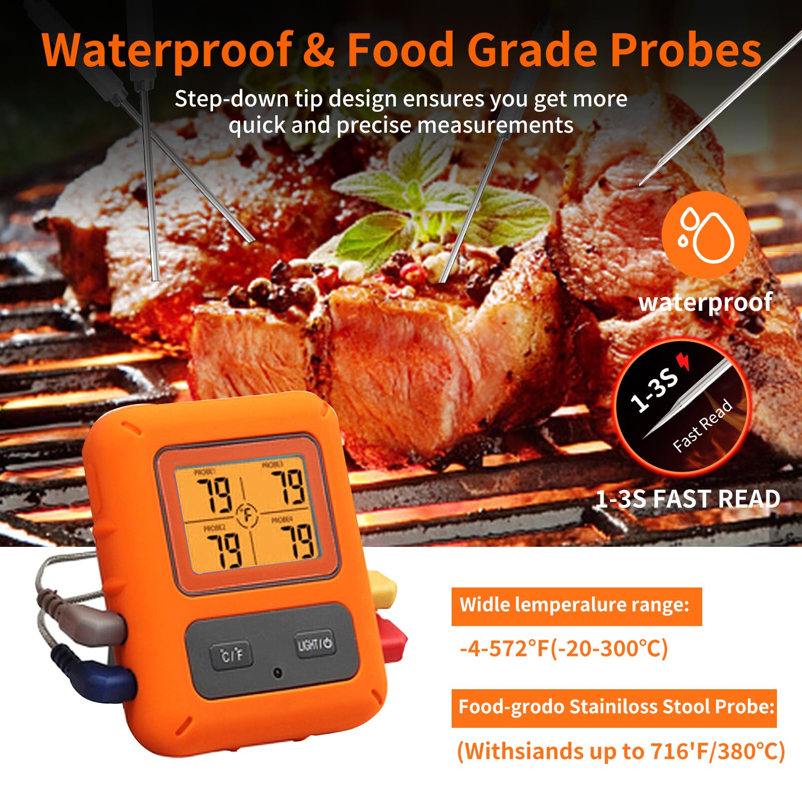 Wireless Meat Thermometer with 4 Meat Probes Remote Cooking Food Thermometer with Alarm Calibration & Timer 500FT Digital Cordless Thermometer for Kitchen Outdoor BBQ Smoker Oven Grill Fryer Beef