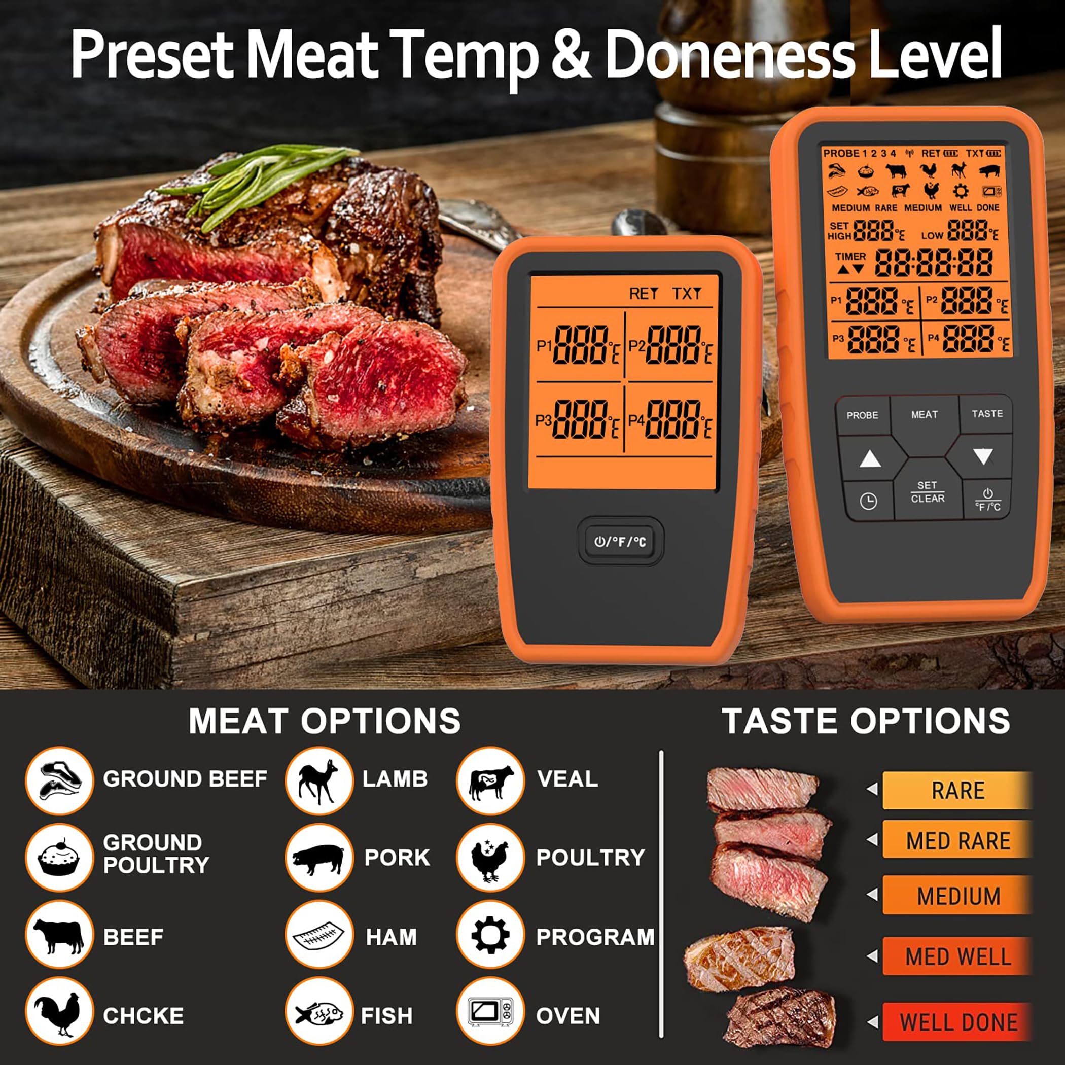 500FT Wireless Meat Thermometer with 4 Probes for Grilling, Digital Meat Thermometer, Instant Read Food Thermometer, Cooking Thermometer for Smoker, Oven, BBQ Accessories, Red