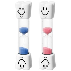 2 minute toothbrush sand timer for kids, small blue and pink smiley acrylic hourglass sand clock set, plastic glass mini sandglass for classroom games kitchen (pack of 2)