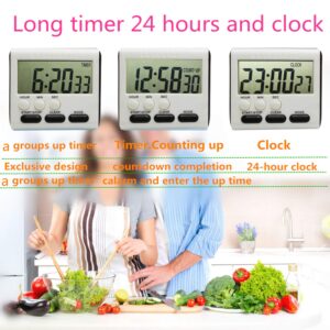 Hour Minute Second Count Up Countdown Digital Kitchen Timer, Big Digits, Loud Alarm, Magnetic Backing, Retractable Stand, 3 Pack Black