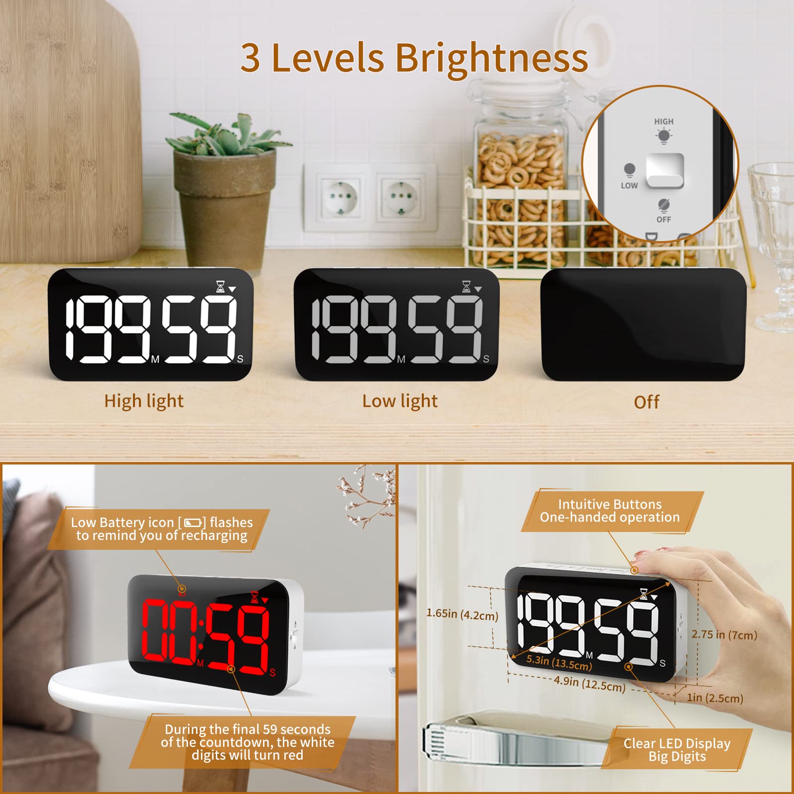 DOOMAY Rechargeable Digital Kitchen Timer - Large LED Magnetic Timer Sound Activated, Brightness and Volume Adjustable, Ideal for Cooking, Classroom, Office and for Kids, Teacher, Seniors to Use