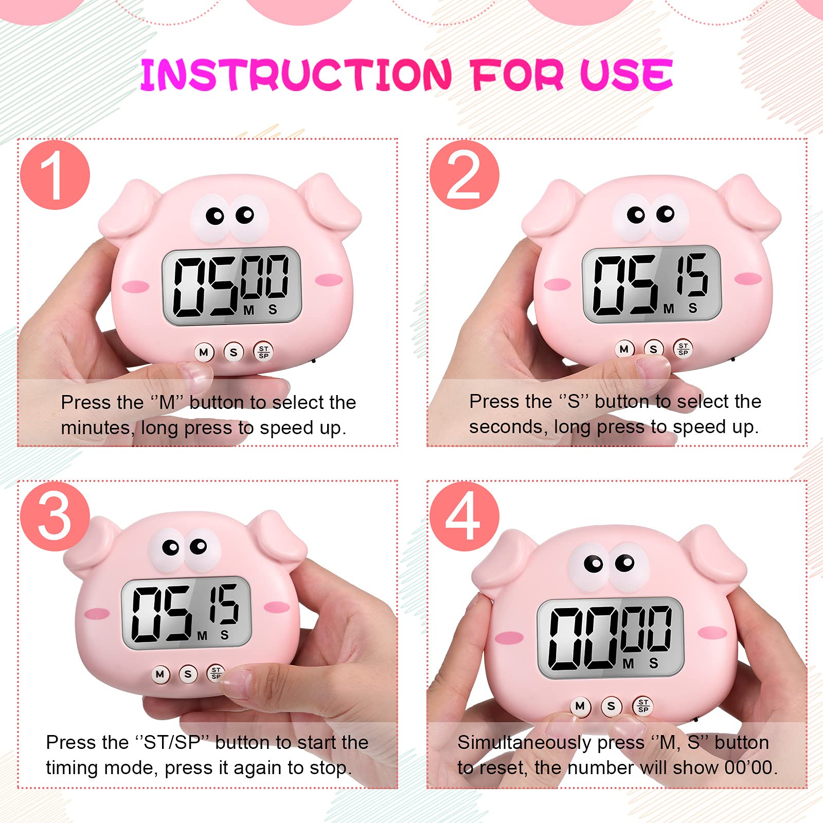 4 Pieces Cute Cartoon Animal Digital Timers Small Digital Kitchen Timers Countdown Timers with Magnetic Backs and ON/Off Switches Decorative Cooking Timers for Kitchen Cooking Accessories, 4 Styles