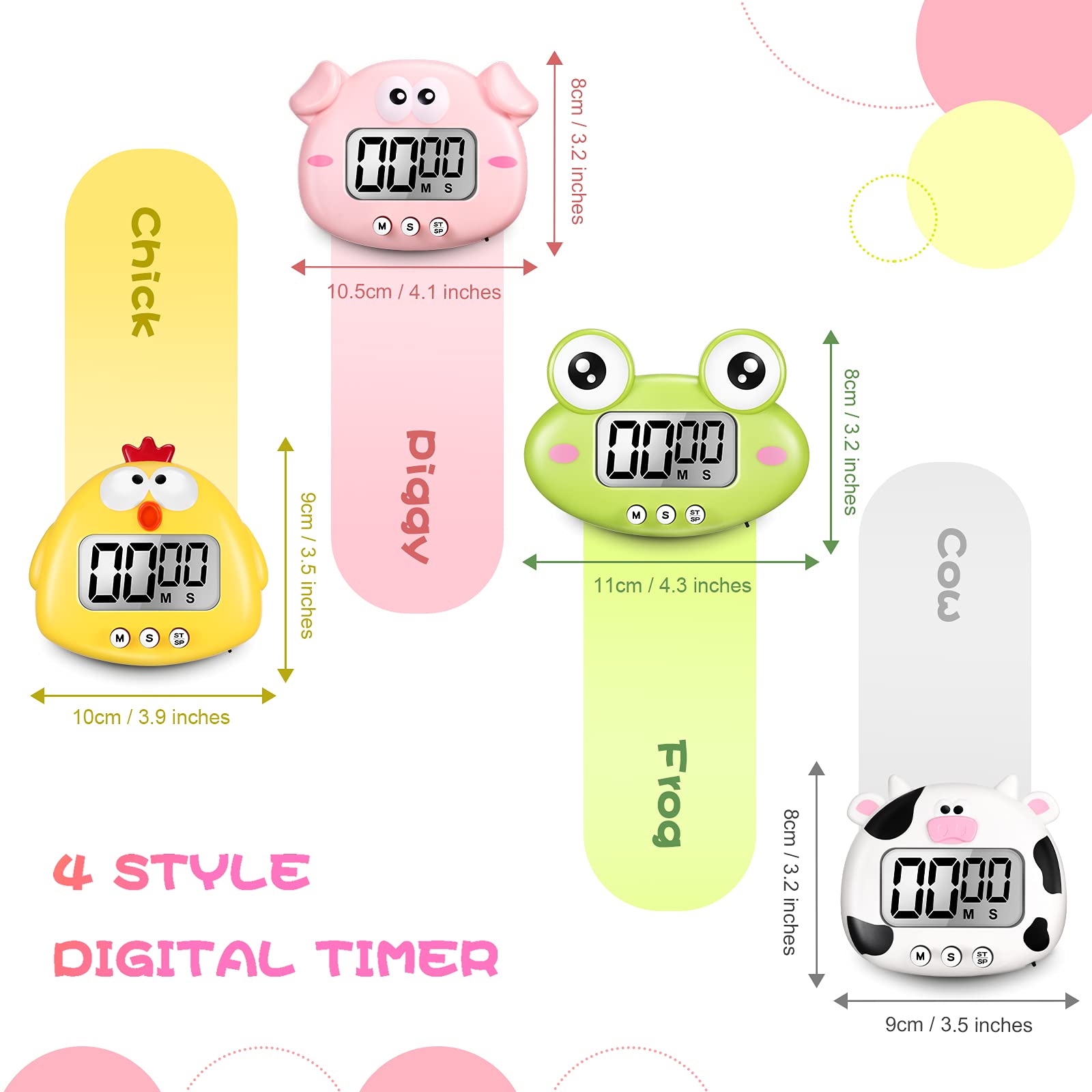 4 Pieces Cute Cartoon Animal Digital Timers Small Digital Kitchen Timers Countdown Timers with Magnetic Backs and ON/Off Switches Decorative Cooking Timers for Kitchen Cooking Accessories, 4 Styles