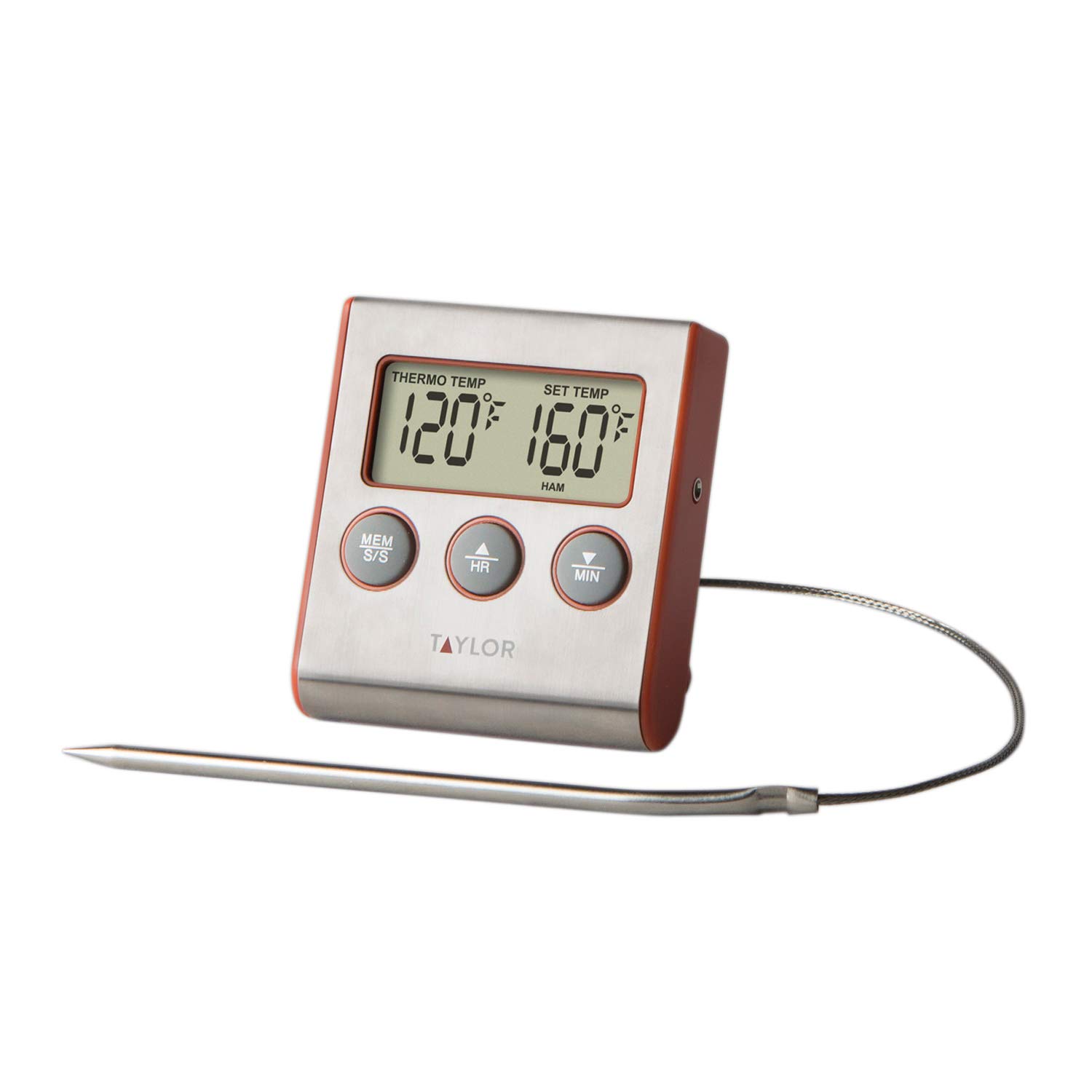 Taylor Instant Read Wired Probe Digital Meat Food Grill BBQ Cooking Kitchen Thermometer with Timer Alarm, Red