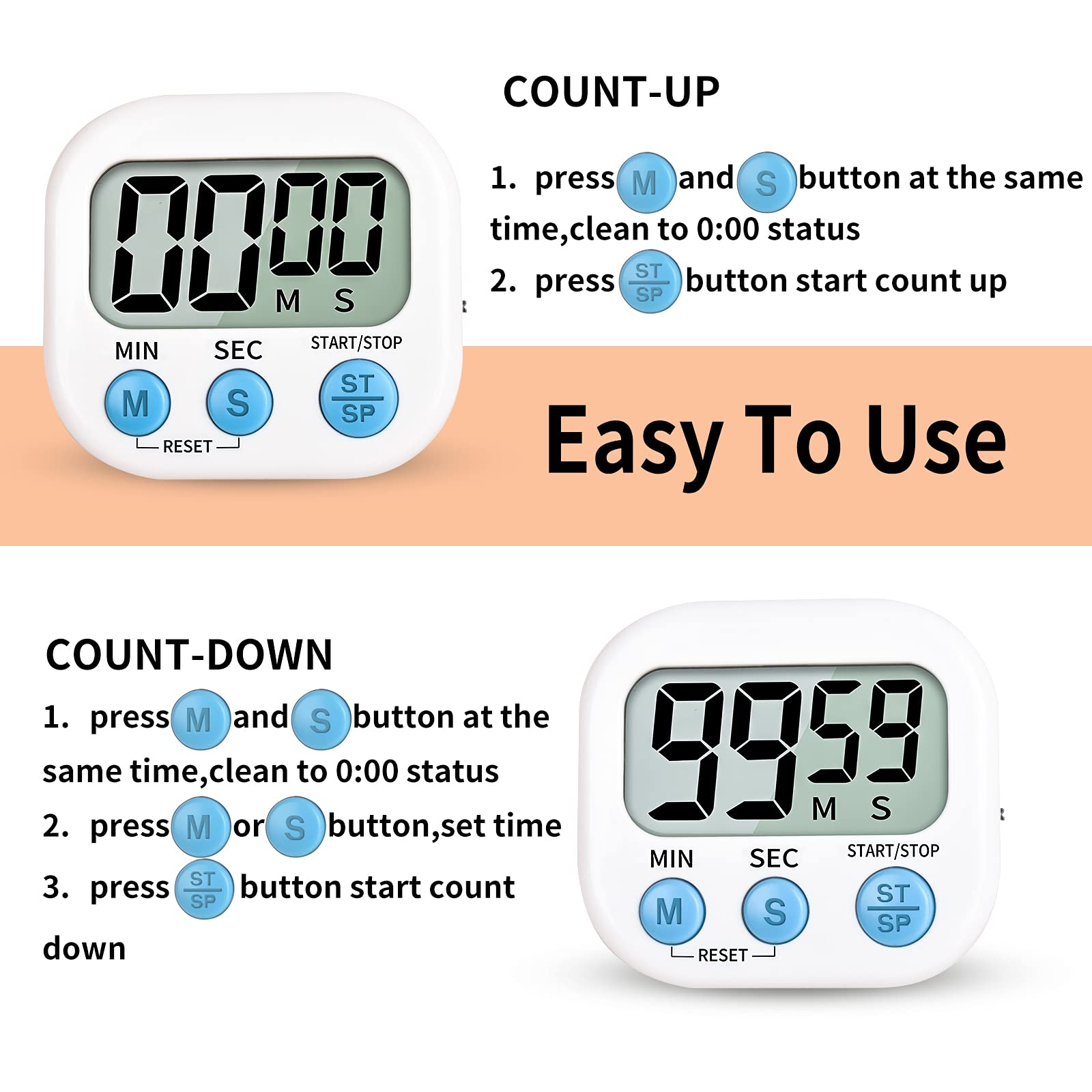 Timer for Kids,Oversized Display,Kitchen Timer Digital,Magnetic Back,Loud Ring,Stand for Cooking,Classroom,Bathroom,Teachers,Kids（White）