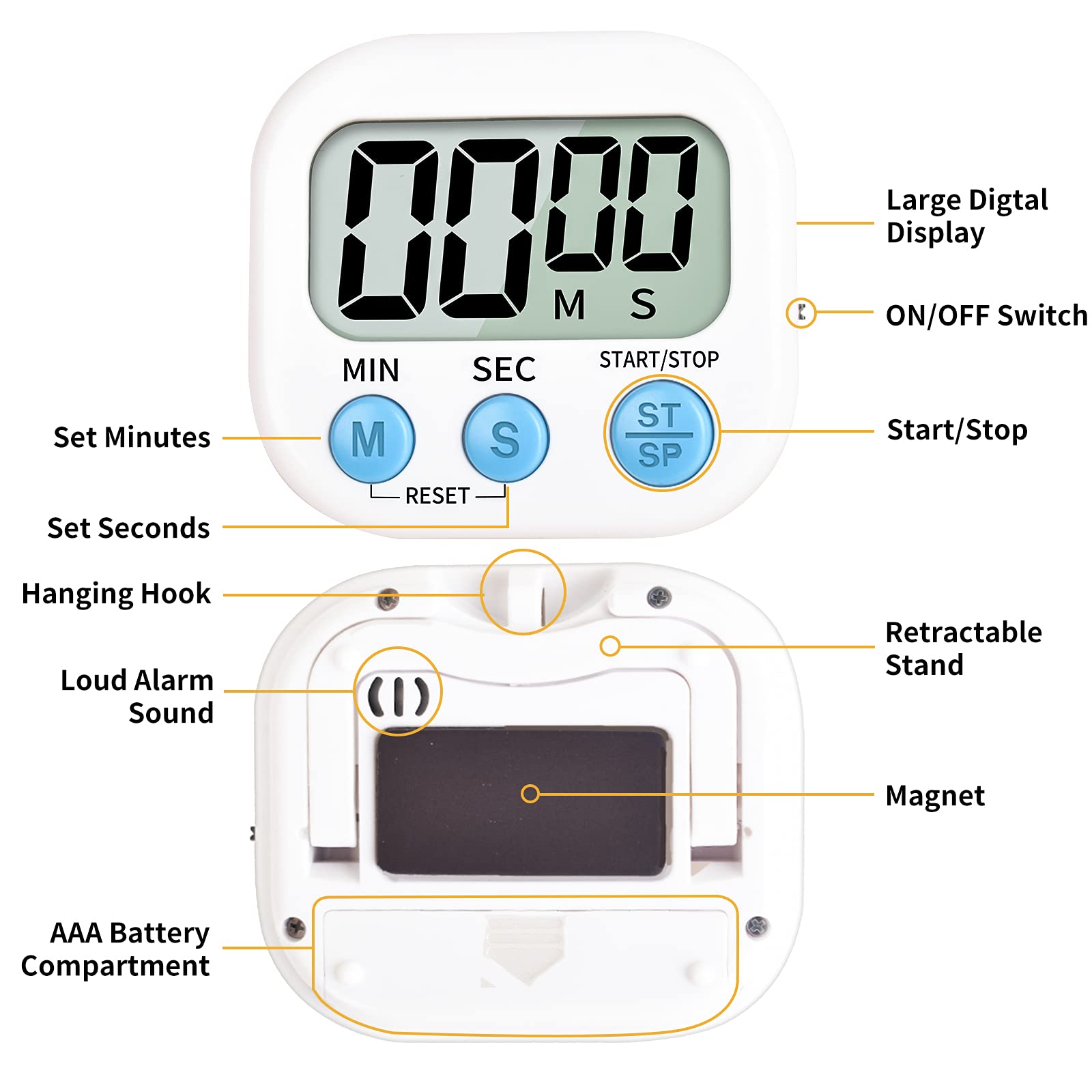 Timer for Kids,Oversized Display,Kitchen Timer Digital,Magnetic Back,Loud Ring,Stand for Cooking,Classroom,Bathroom,Teachers,Kids（White）