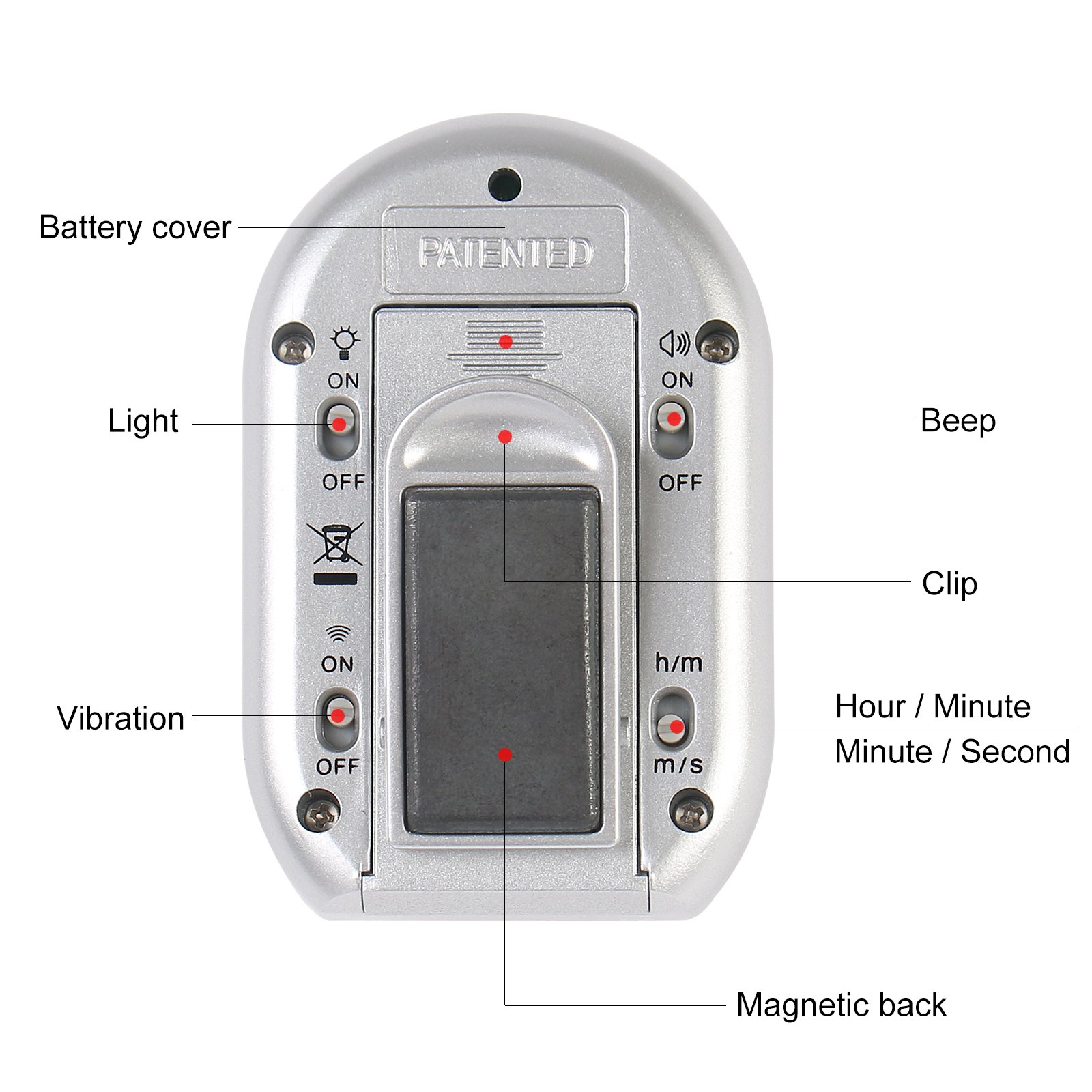 ZYQY x-wlang 3-in-1 Alerts timer 1013 with vibration ,beep and flash.(kitchen timer ,medical timer,therapeutic timer), silver