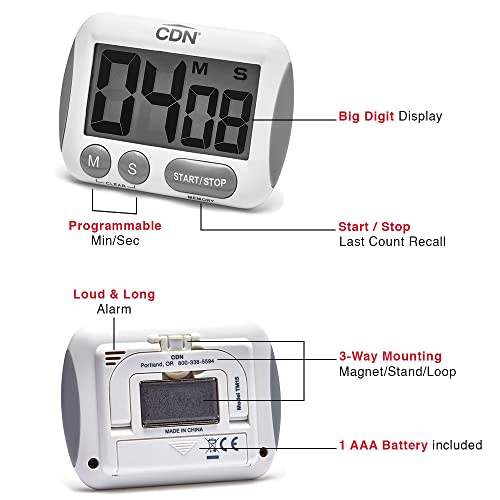 CDN TM15 Kitchen Timer, Extra Large Big Digits, Loud Alarm, Magnetic Backing, Stand- White -