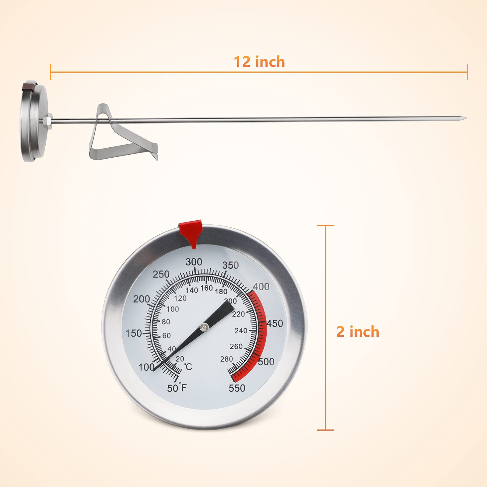 12" Meat Thermometer for Cooking Instant Read Long Stem Waterproof Stainless Steel Kitchen Thermometer for Deep Frying Candy Turkey BBQ Grill