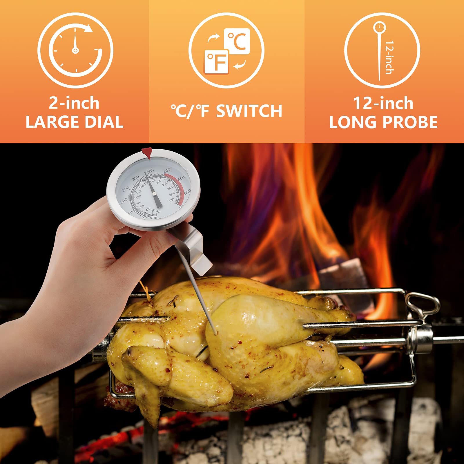 12" Meat Thermometer for Cooking Instant Read Long Stem Waterproof Stainless Steel Kitchen Thermometer for Deep Frying Candy Turkey BBQ Grill