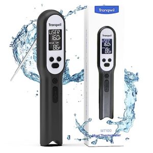 tranqwil meat thermometer instant read - digital waterproof with backlight, fast calibration, and wireless charging for cooking, kitchen, and grill - silver/black