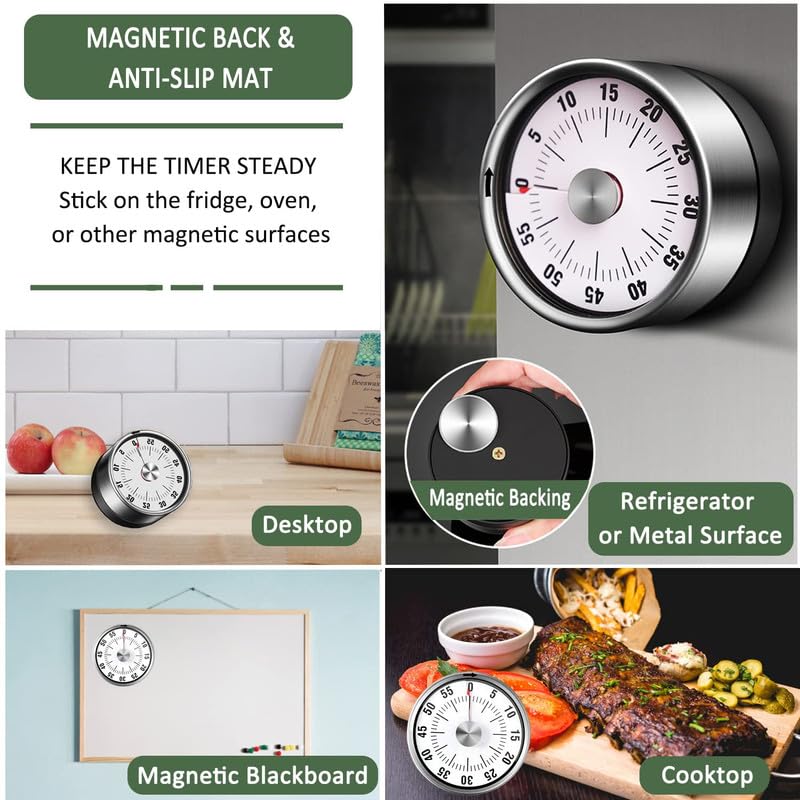 Magnetic Kitchen Timer - Visual Timer for Kids, 60-Minute Countdown Timer with Loud Alarm, Magnetic Back & Stainless Steel Face, Kitchen Timer Manual for Cooking, Toddlers, Working, Study Etc.