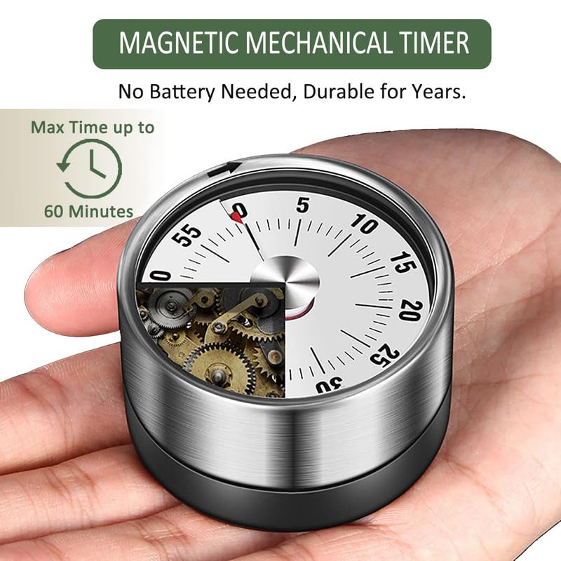 Magnetic Kitchen Timer - Visual Timer for Kids, 60-Minute Countdown Timer with Loud Alarm, Magnetic Back & Stainless Steel Face, Kitchen Timer Manual for Cooking, Toddlers, Working, Study Etc.