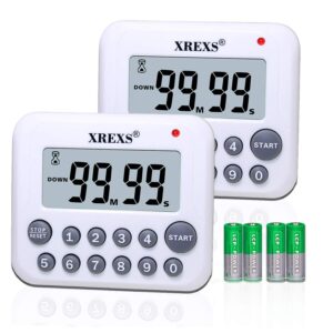 xrexs digital kitchen timer magnetic countdown up cooking timer clock with magnet back and clip, loud alarm, large display minutes and seconds directly input-white (2 pcs, battery included) ps-367