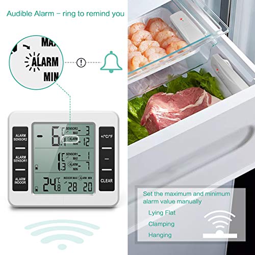 ORIA Refrigerator Thermometer, Wireless Digital Freezer Thermometer with 2 Wireless Sensors, Wireless Indoor Outdoor Thermometer, Audible Alarm, Min and Max Display, LCD Display for Home, Restaurants