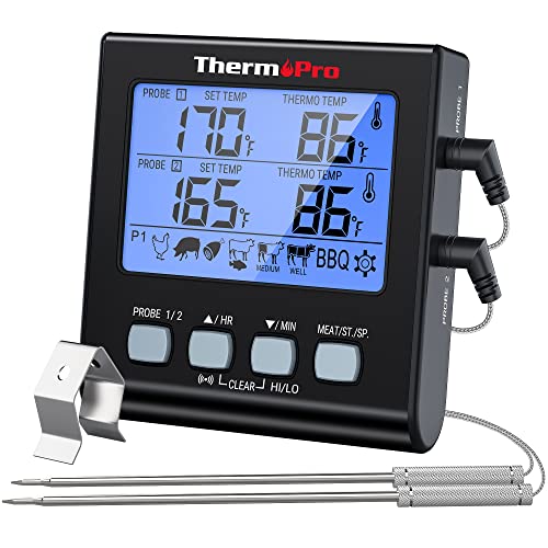 ThermoPro TP-17 Dual Probe Digital Meat Thermometer Large LCD Backlight Grill Food Thermometer with HI/Low Alert & Timer Mode, Smoker Kitchen Oven BBQ Thermometer for Cooking, Grilling Gifts, Black