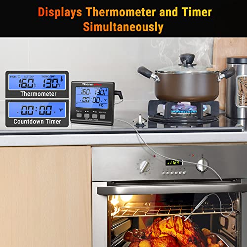 ThermoPro TP-17 Dual Probe Digital Meat Thermometer Large LCD Backlight Grill Food Thermometer with HI/Low Alert & Timer Mode, Smoker Kitchen Oven BBQ Thermometer for Cooking, Grilling Gifts, Black