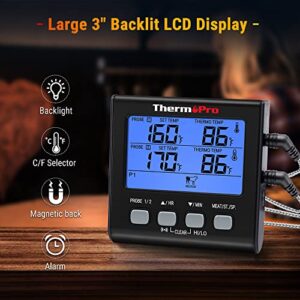 ThermoPro TP-17 Dual Probe Digital Meat Thermometer Large LCD Backlight Grill Food Thermometer with HI/Low Alert & Timer Mode, Smoker Kitchen Oven BBQ Thermometer for Cooking, Grilling Gifts, Black