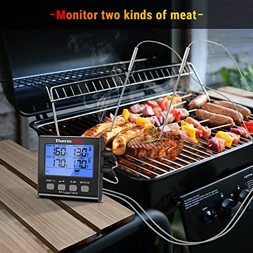 ThermoPro TP-17 Dual Probe Digital Meat Thermometer Large LCD Backlight Grill Food Thermometer with HI/Low Alert & Timer Mode, Smoker Kitchen Oven BBQ Thermometer for Cooking, Grilling Gifts, Black