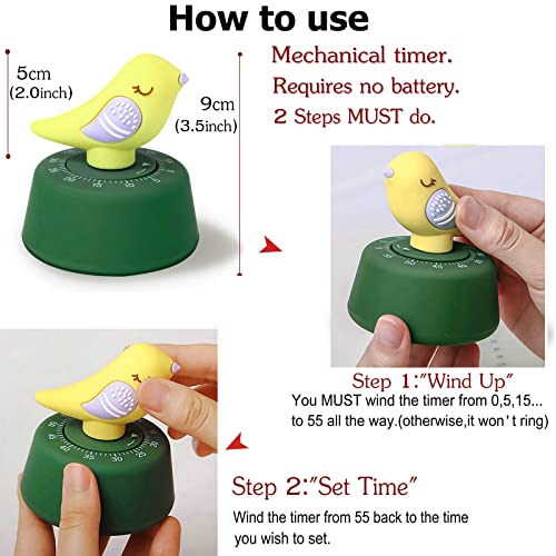 NUOSWEK Cute Bird Timer for Kids, Mechanical Kitchen Timer, Wind Up 60 Minutes Manual Countdown Timer for Classroom, Home, Study and Cooking (Yellow Bird)