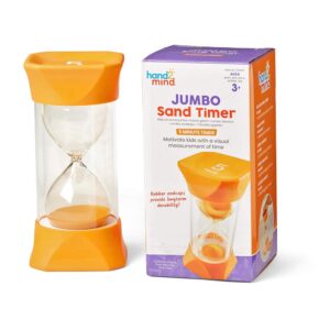 hand2mind orange jumbo sand timers, 5 minute sand timer, hourglass sand timer with soft rubber end caps offers quiet pausing, classroom sand timers for kids, teeth brushing and game timer (set of 1)