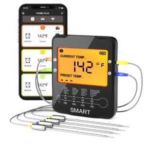 rilitor bluetooth meat thermometer,wireless digital grill thermometer with 4 probes, oven bbq thermometer with 100m/328ft smart app remote suit for kitchen food garden smoker barbecue cooking