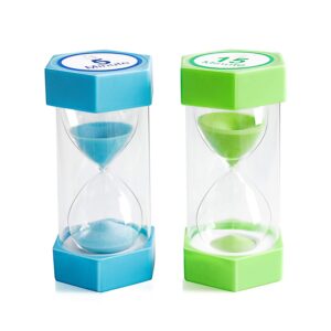 sand timer,xinbaohong hourglass sand timer 5 minutes 15 minutes timer clock for kids games classroom home office kitchen use (pack of 2) (4.7''x 2.3'', 5 min(blue) and 15 min(green))