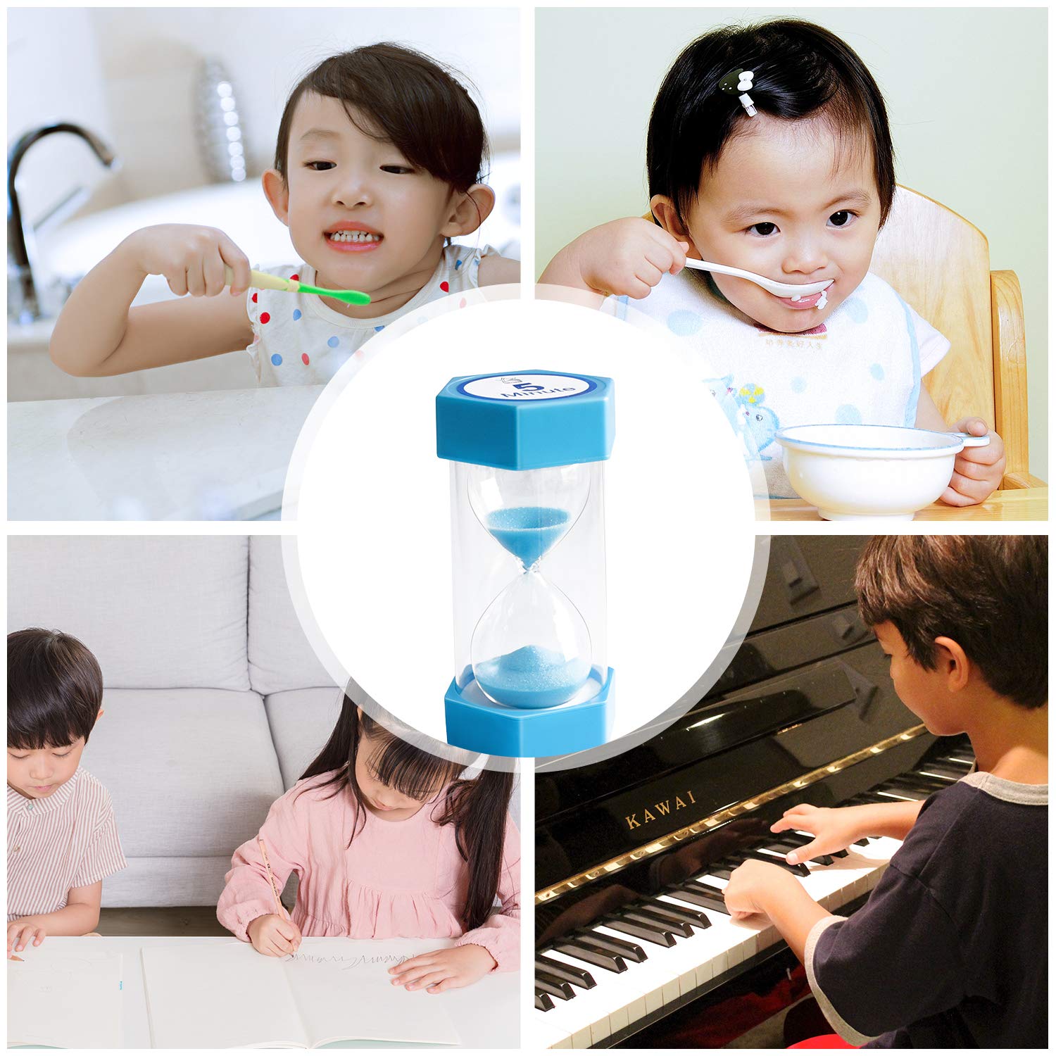 Sand Timer,XINBAOHONG Hourglass Sand Timer 5 Minutes 15 Minutes Timer Clock for Kids Games Classroom Home Office Kitchen Use (Pack of 2) (4.7''X 2.3'', 5 Min(Blue) and 15 Min(Green))