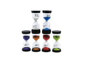 6pcs-alilaka-sand timers-small black cover hourglass-6 color hourglass set includes 1 minute, 3 minutes, 5 minutes, 10 minutes, 15 minutes, 30 minutes