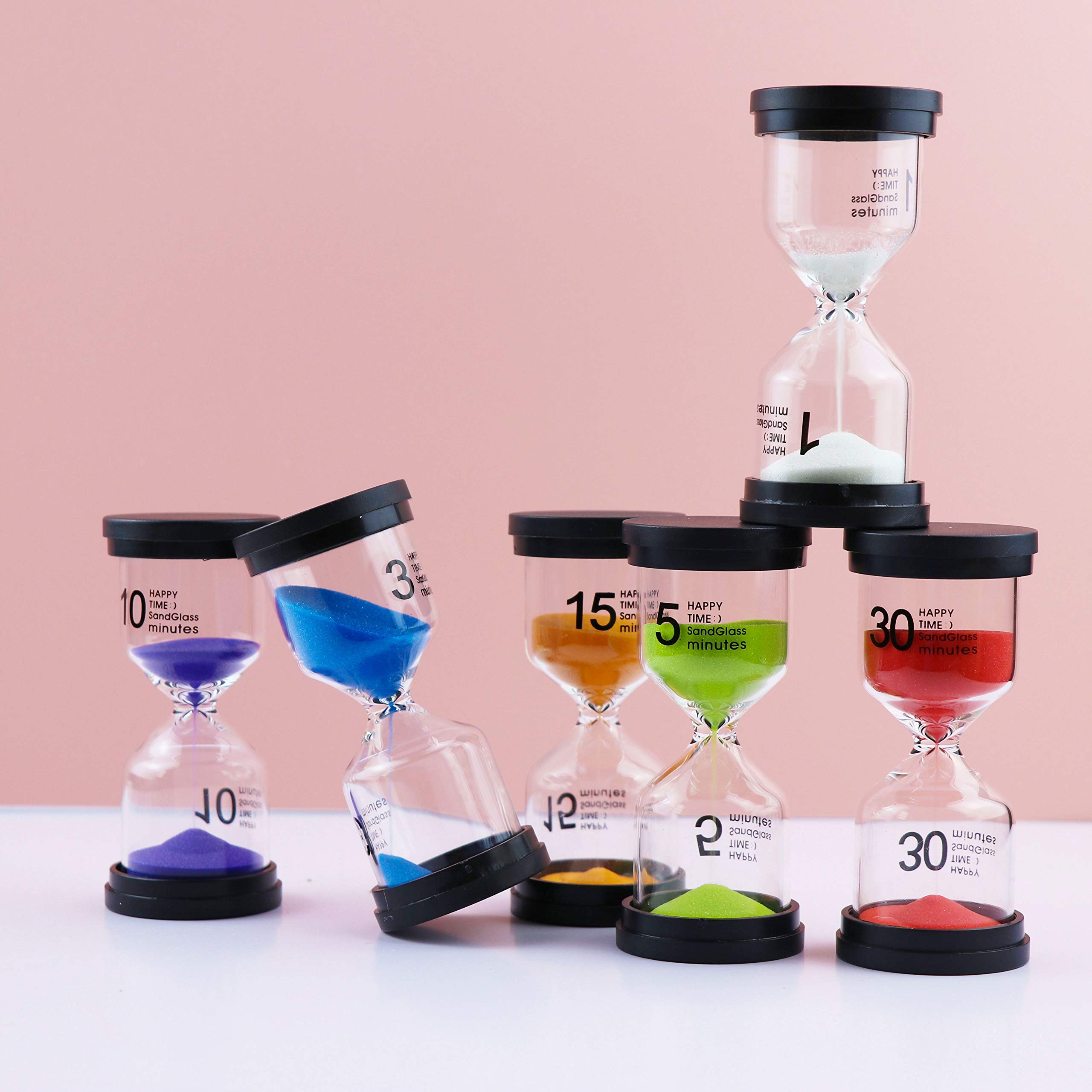 6Pcs-ALILAKA-Sand Timers-Small Black Cover Hourglass-6 Color Hourglass Set Includes 1 Minute, 3 Minutes, 5 Minutes, 10 Minutes, 15 Minutes, 30 Minutes