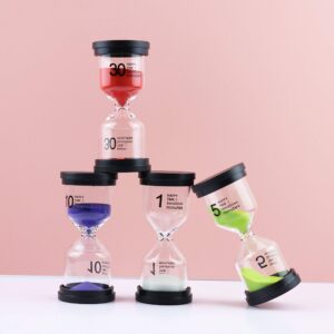 6Pcs-ALILAKA-Sand Timers-Small Black Cover Hourglass-6 Color Hourglass Set Includes 1 Minute, 3 Minutes, 5 Minutes, 10 Minutes, 15 Minutes, 30 Minutes