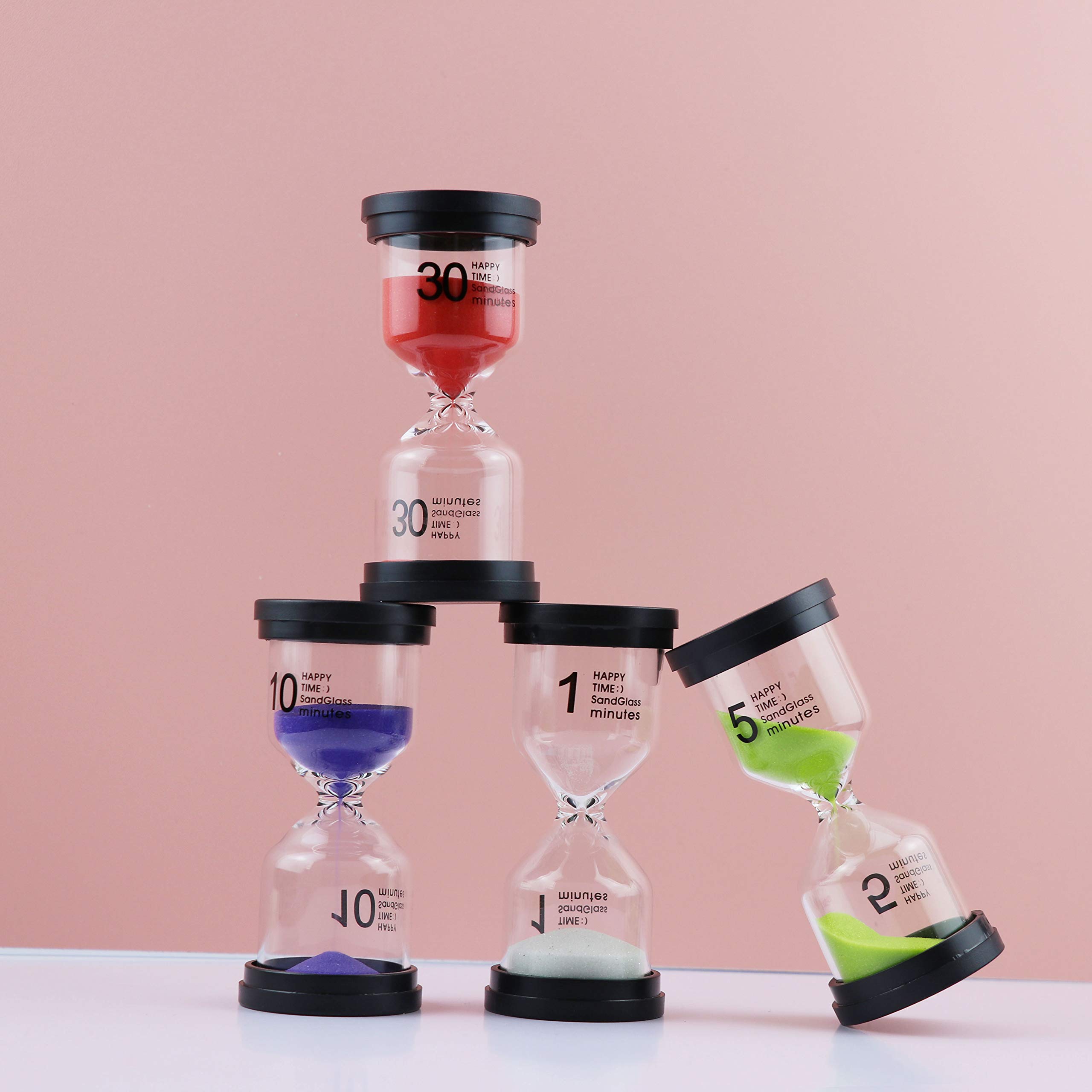 6Pcs-ALILAKA-Sand Timers-Small Black Cover Hourglass-6 Color Hourglass Set Includes 1 Minute, 3 Minutes, 5 Minutes, 10 Minutes, 15 Minutes, 30 Minutes