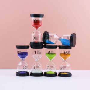 6Pcs-ALILAKA-Sand Timers-Small Black Cover Hourglass-6 Color Hourglass Set Includes 1 Minute, 3 Minutes, 5 Minutes, 10 Minutes, 15 Minutes, 30 Minutes