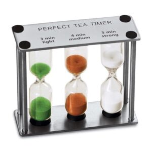 lily's home 3-in-1 perfect tea timer, includes 3, 4, and 5 minute sand hourglass timers, use for making tea or keeping time around the kitchen, brushed stainless steel frame (3.75" tall)