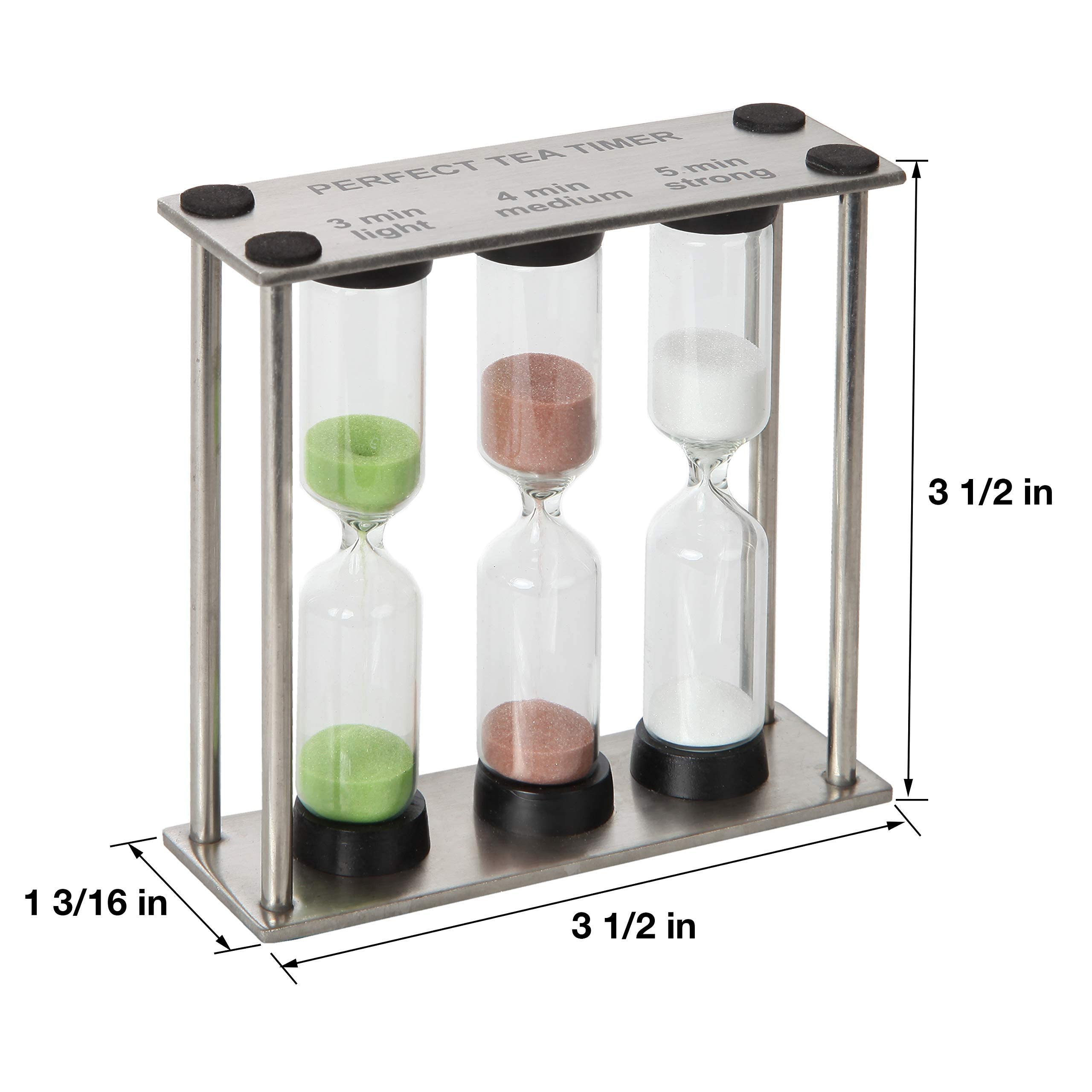 Lily's Home 3-in-1 Perfect Tea Timer, Includes 3, 4, and 5 Minute Sand Hourglass Timers, Use for Making Tea or Keeping Time Around The Kitchen, Brushed Stainless Steel Frame (3.75" Tall)