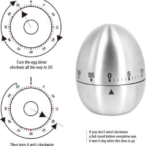 Egg Kitchen Timer Stainless Steel Metal Mechanical Cooking Timer 60 Minute Silver for Kids Cooking Tools