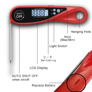 Sangaotian Digital Meat Thermometer, Instant Read Cooking Thermometer with Backlight, Magnet, Waterproof & Foldable, Fast & Precise, Ideal for Deep Fry, BBQ & Roast Turkey,Red