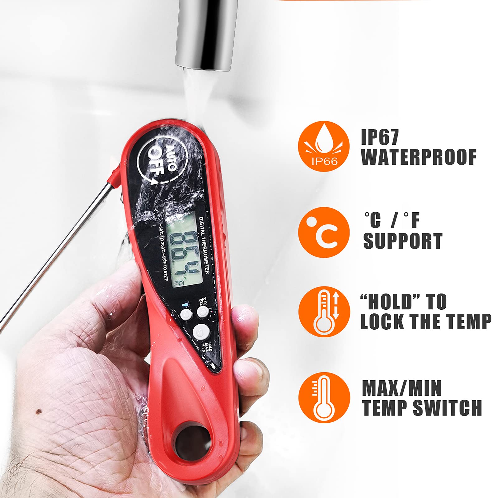 Sangaotian Digital Meat Thermometer, Instant Read Cooking Thermometer with Backlight, Magnet, Waterproof & Foldable, Fast & Precise, Ideal for Deep Fry, BBQ & Roast Turkey,Red