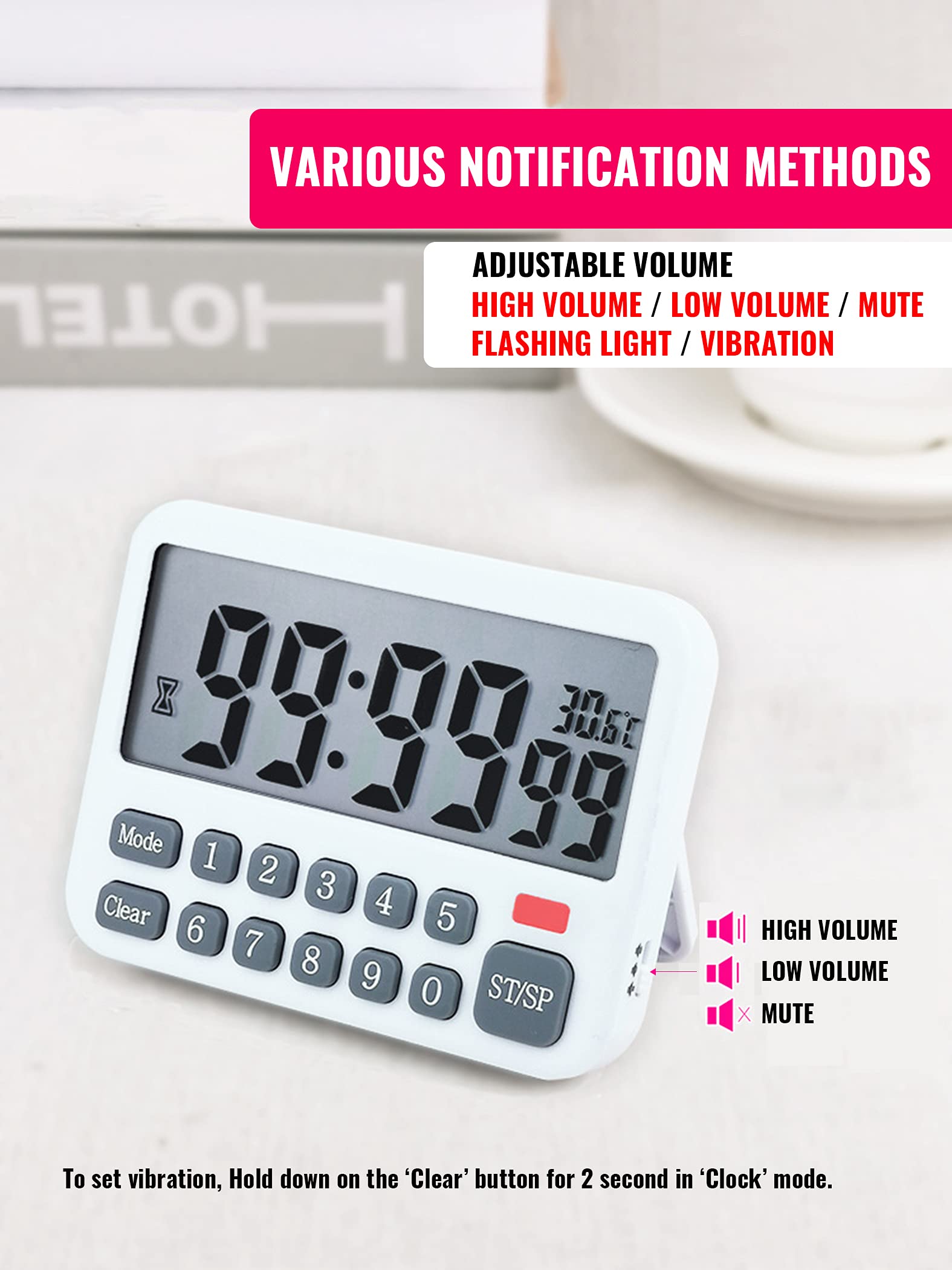 Multi-Functional Digital Alarm Clock with 10 Alarm Settings, Countdown & Count up Kitchen Timer with Magnetic, Temperature Display, Reminder, 2 AAA Batteries Operated (Not Included)