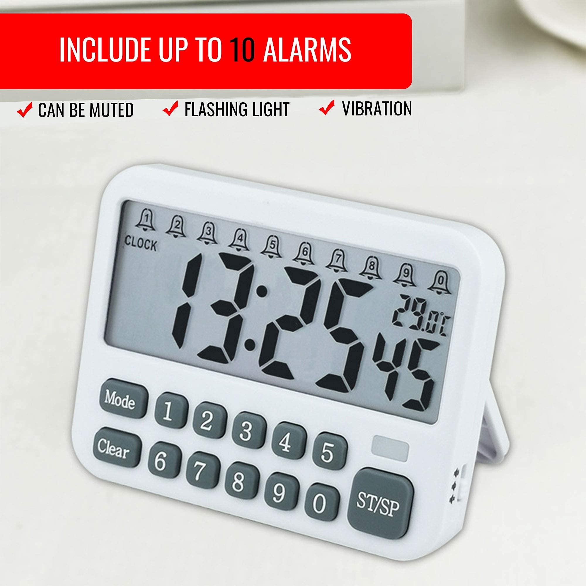 Multi-Functional Digital Alarm Clock with 10 Alarm Settings, Countdown & Count up Kitchen Timer with Magnetic, Temperature Display, Reminder, 2 AAA Batteries Operated (Not Included)