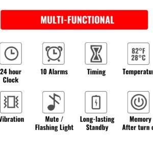 Multi-Functional Digital Alarm Clock with 10 Alarm Settings, Countdown & Count up Kitchen Timer with Magnetic, Temperature Display, Reminder, 2 AAA Batteries Operated (Not Included)