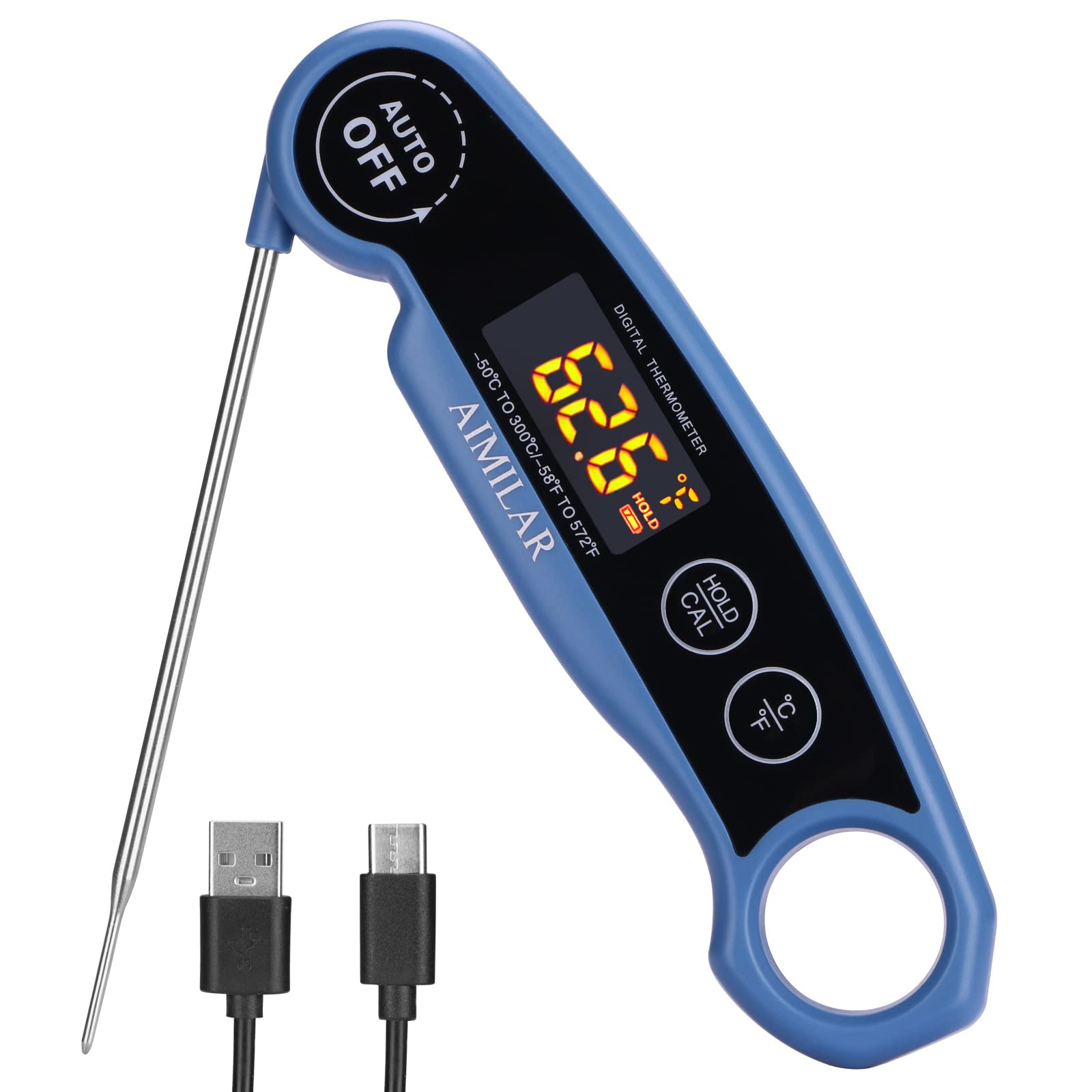 LED Rechargeable Meat Thermometer - AIMILAR New Released Instant Read Digital Food Thermometer Kitchen with Magnet for Cooking Grilling and Smoking Oven Cooking (Blue)