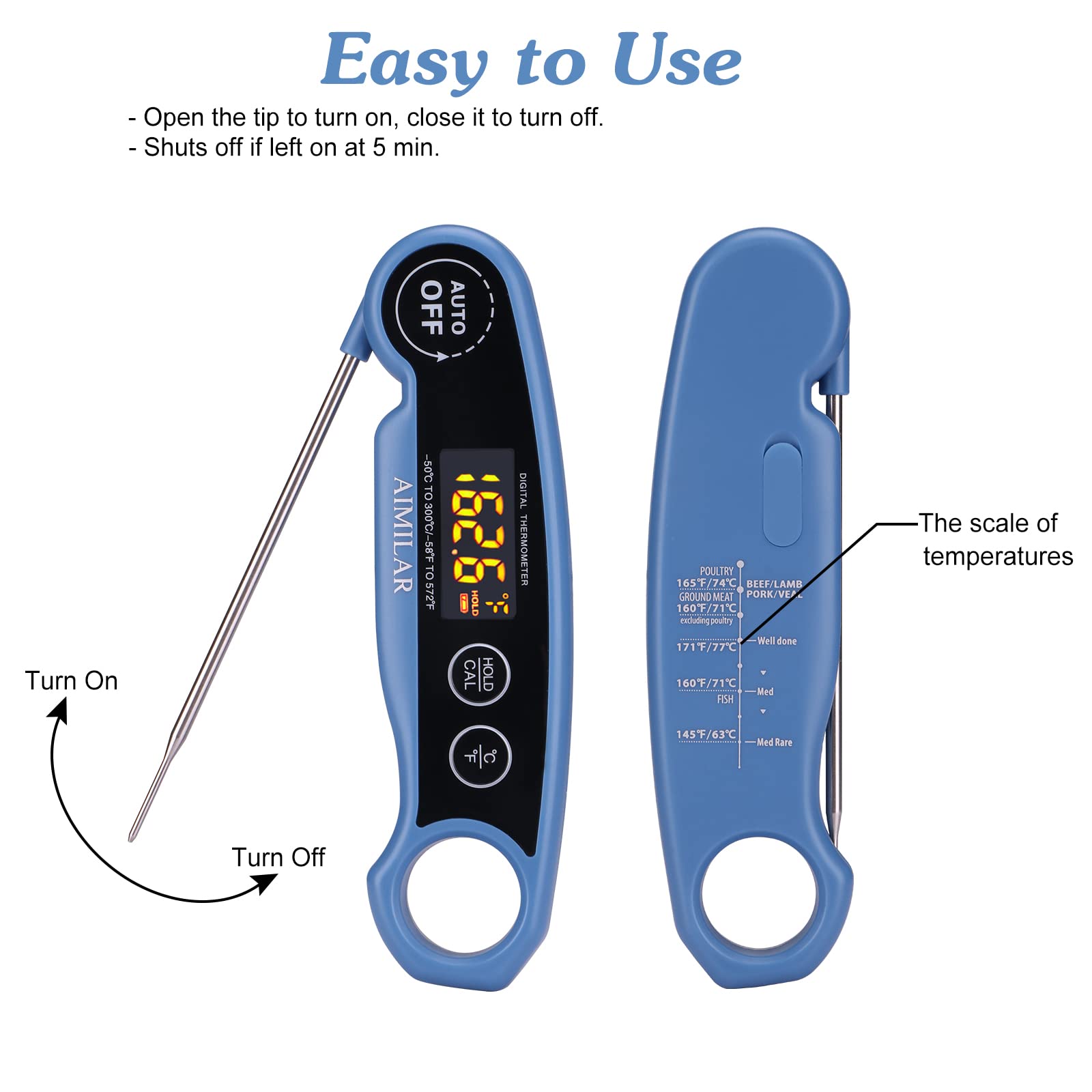 LED Rechargeable Meat Thermometer - AIMILAR New Released Instant Read Digital Food Thermometer Kitchen with Magnet for Cooking Grilling and Smoking Oven Cooking (Blue)