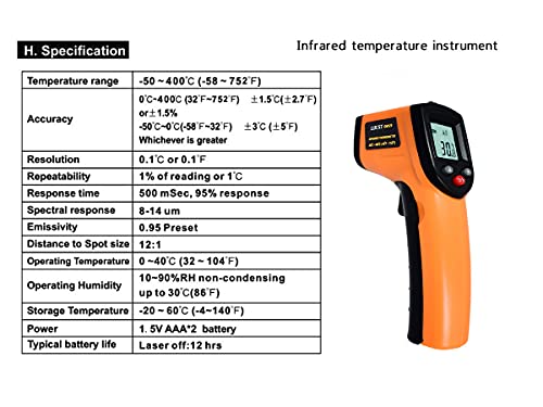 Infrared Thermometer Temperature Gun, Digital Thermometer Non-Contact Laser Infrared Ir Thermometer Gun(Not for Human) -58℉～752℉(-50℃～400℃) - Cooking Gun, Freezer Oven Thermometer