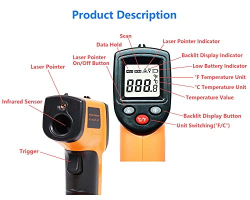 Infrared Thermometer Temperature Gun, Digital Thermometer Non-Contact Laser Infrared Ir Thermometer Gun(Not for Human) -58℉～752℉(-50℃～400℃) - Cooking Gun, Freezer Oven Thermometer