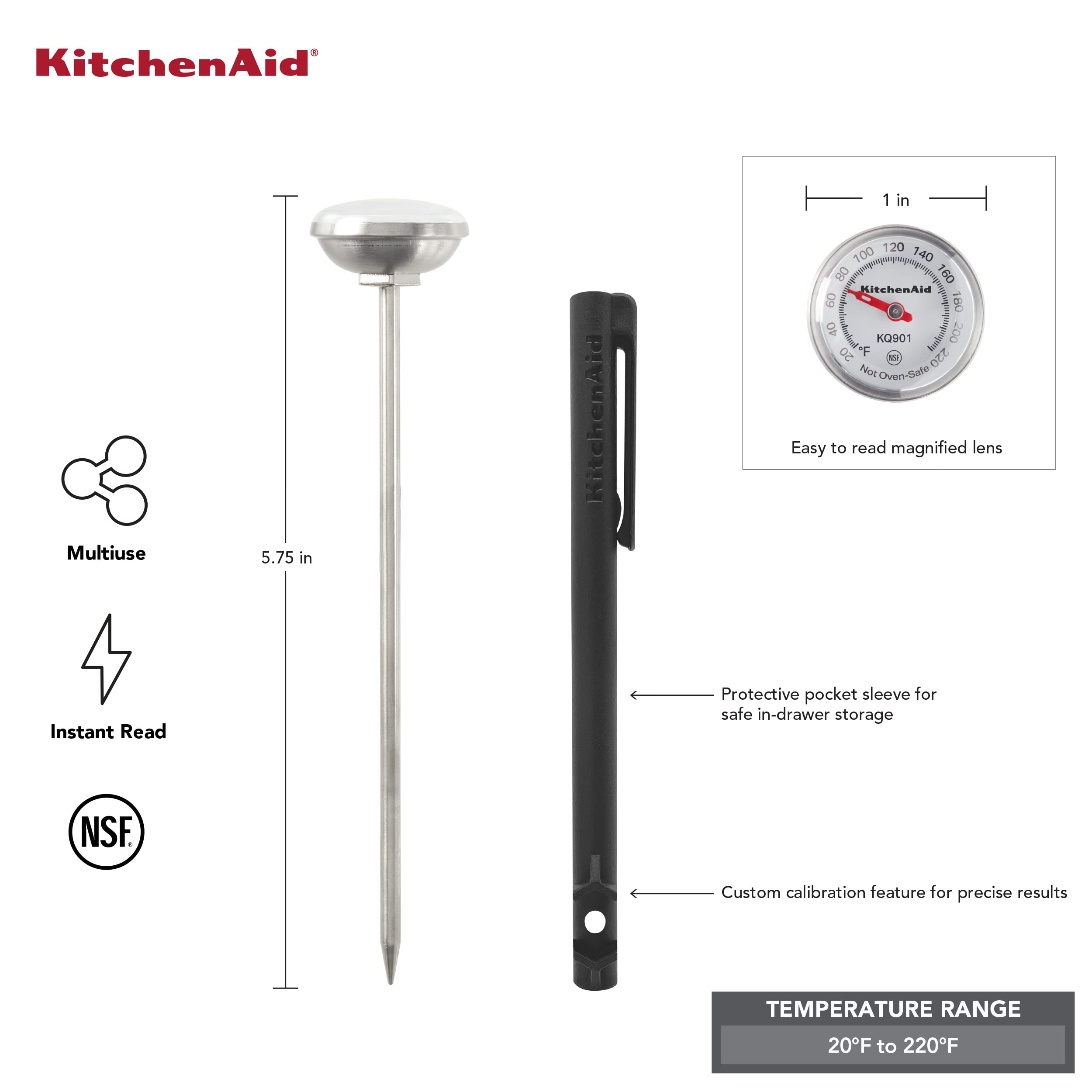 KitchenAid KQ901 Instant Read Food Thermometer for Kitchen or Grill, TEMPERATURE RANGE: 20F to 220F, 1 inch dial, Black